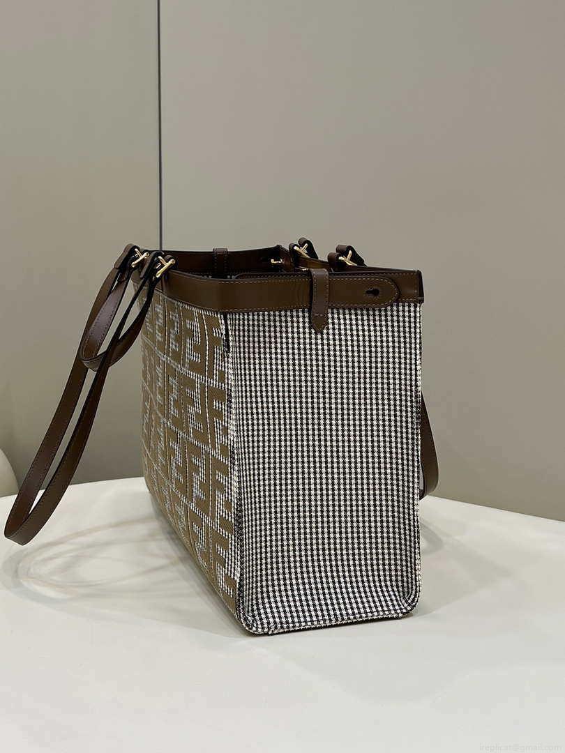 Fendi 8BH374 X-Tote Brown houndstooth wool shopper with FF embroidery 8589