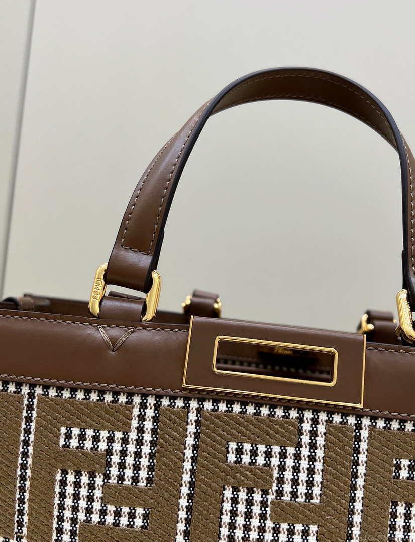 Fendi 8BH374 X-Tote Brown houndstooth wool shopper with FF embroidery 8589