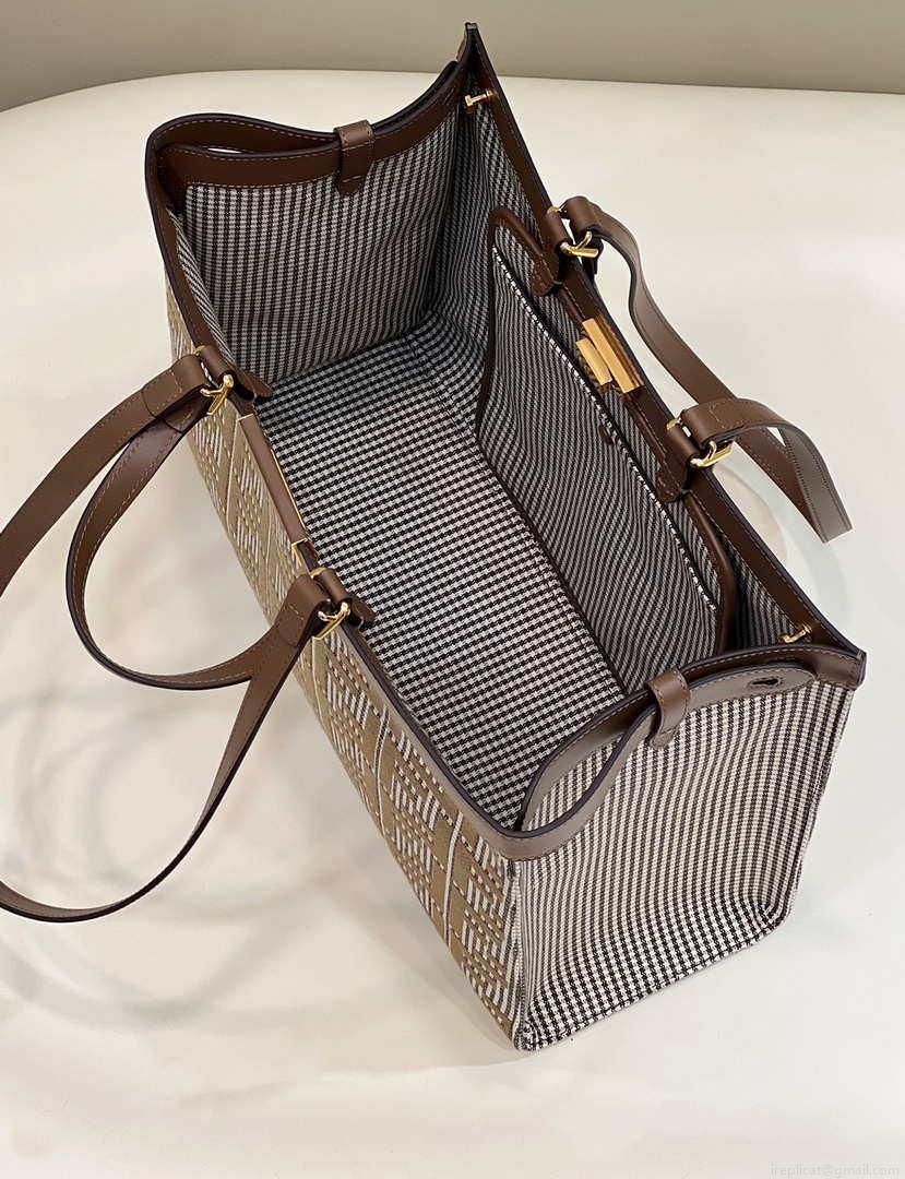 Fendi 8BH374 X-Tote Brown houndstooth wool shopper with FF embroidery 8589
