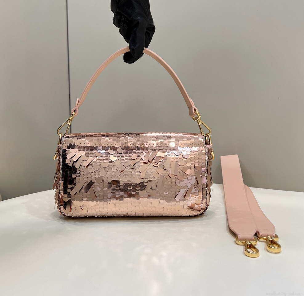 Fendi 8BR600 Medium Baguette Pink sequin and leather bag 8601
