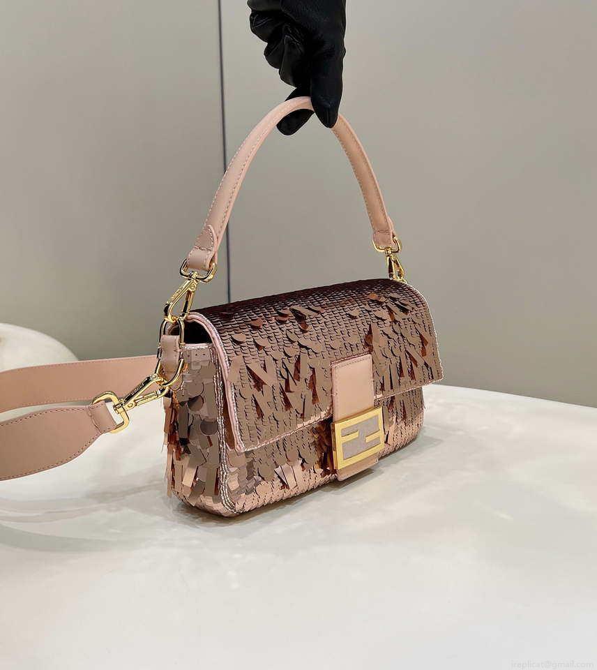 Fendi 8BR600 Medium Baguette Pink sequin and leather bag 8601