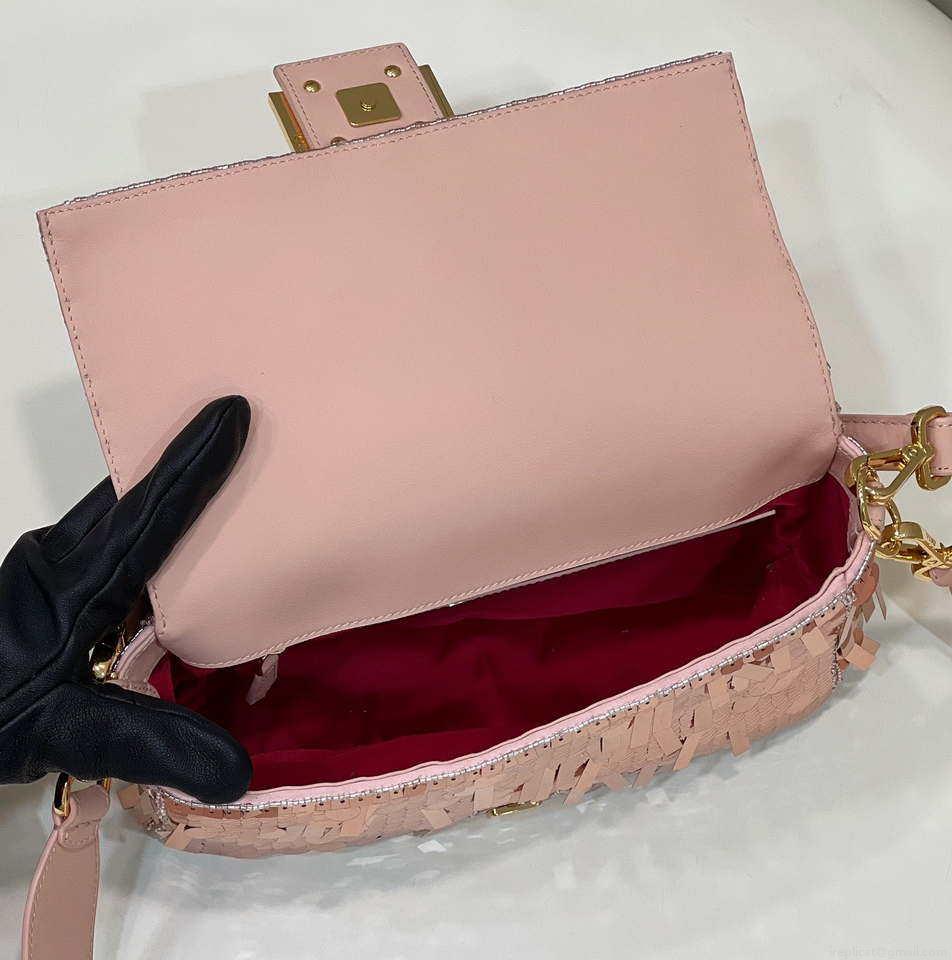 Fendi 8BR600 Medium Baguette Pink sequin and leather bag 8601
