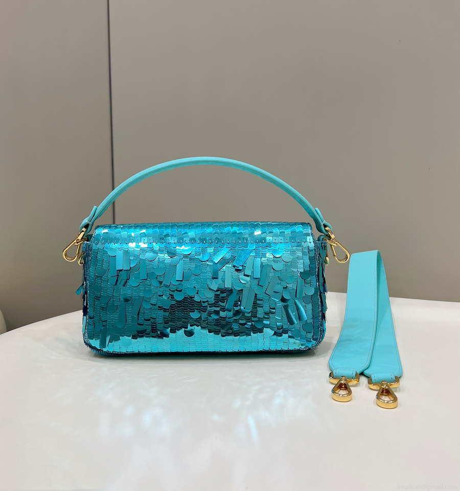 Fendi 8BR600 Medium Baguette Turquoise sequin and leather bag 8601