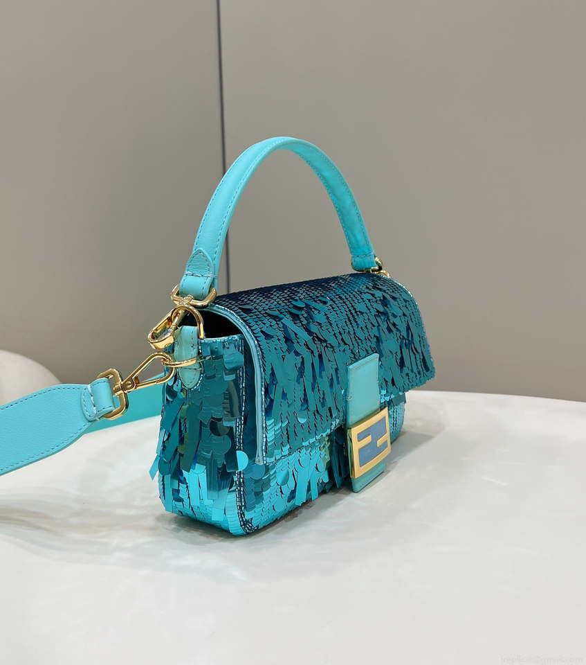Fendi 8BR600 Medium Baguette Turquoise sequin and leather bag 8601