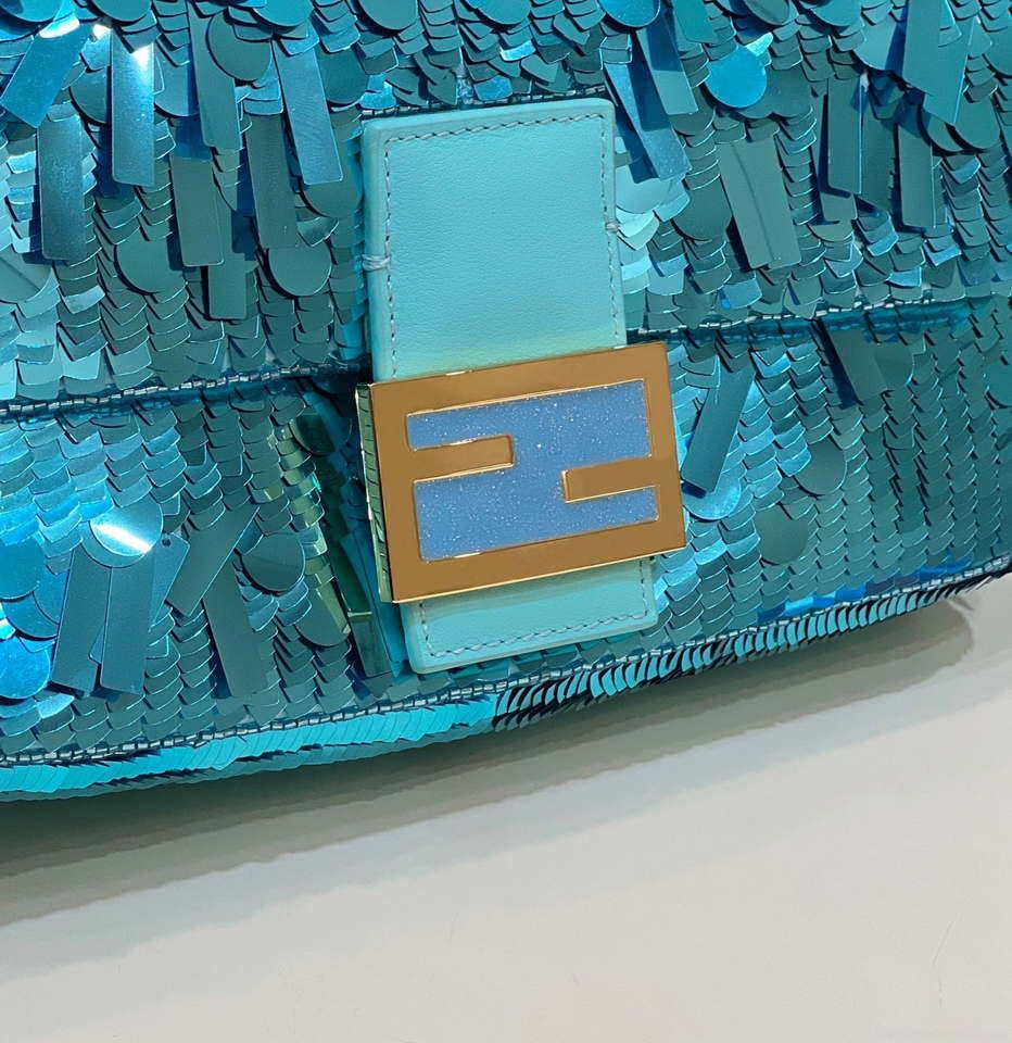 Fendi 8BR600 Medium Baguette Turquoise sequin and leather bag 8601