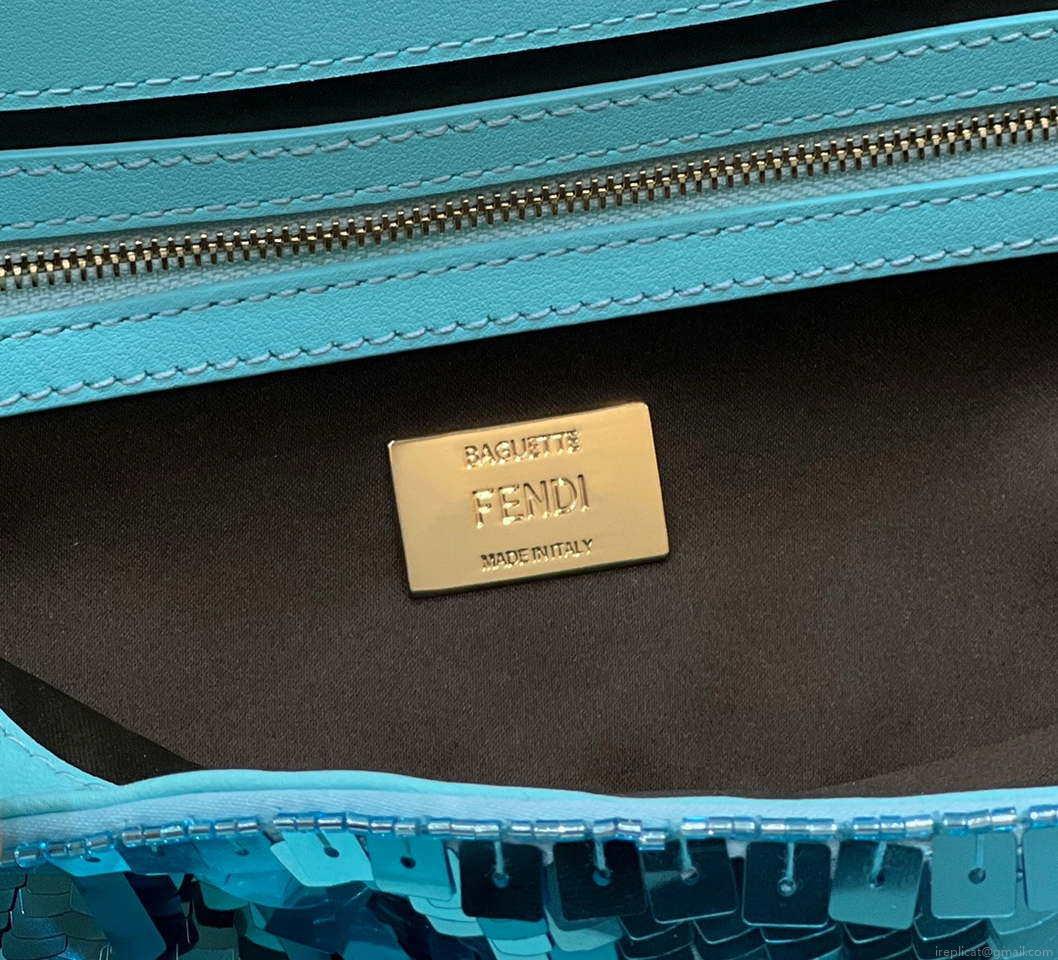 Fendi 8BR600 Medium Baguette Turquoise sequin and leather bag 8601