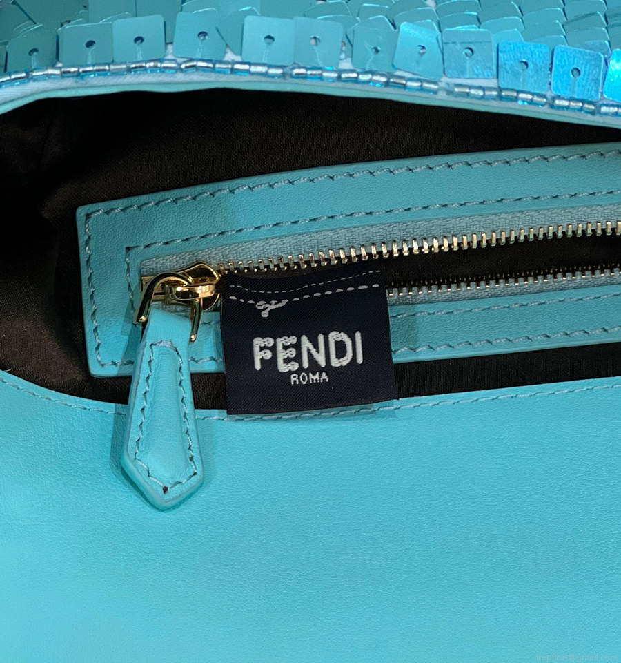 Fendi 8BR600 Medium Baguette Turquoise sequin and leather bag 8601