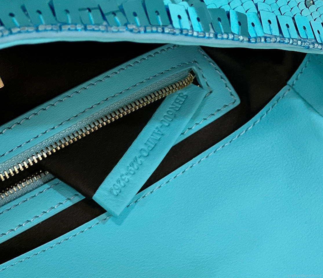 Fendi 8BR600 Medium Baguette Turquoise sequin and leather bag 8601