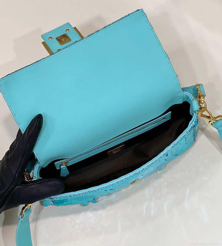 Fendi 8BR600 Medium Baguette Turquoise sequin and leather bag 8601