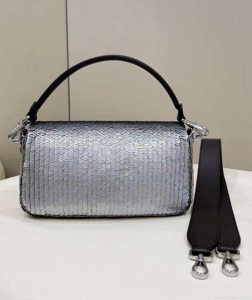 Fendi 8BR600 Medium Baguette Silver sequin and leather bag 8601