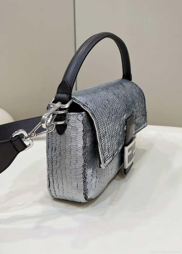 Fendi 8BR600 Medium Baguette Silver sequin and leather bag 8601