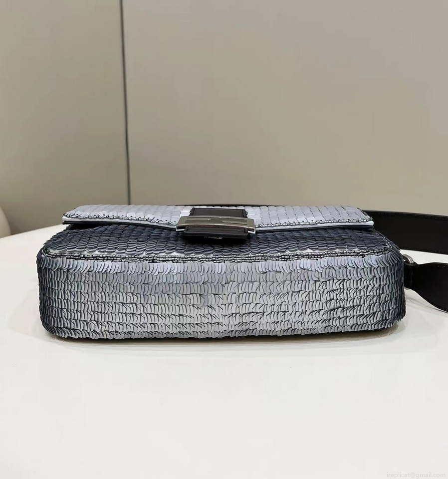 Fendi 8BR600 Medium Baguette Silver sequin and leather bag 8601