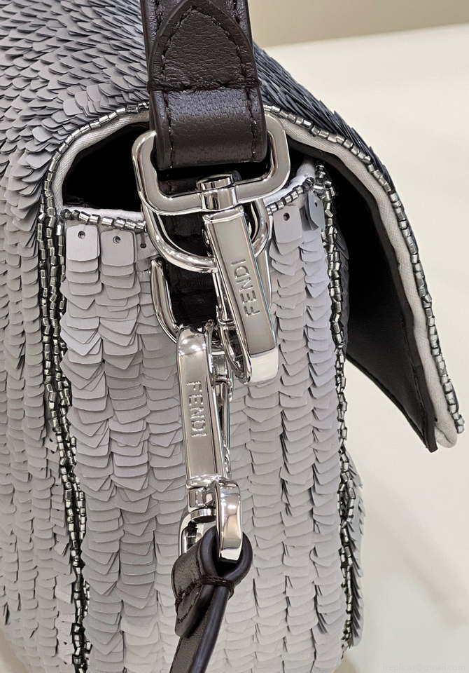 Fendi 8BR600 Medium Baguette Silver sequin and leather bag 8601