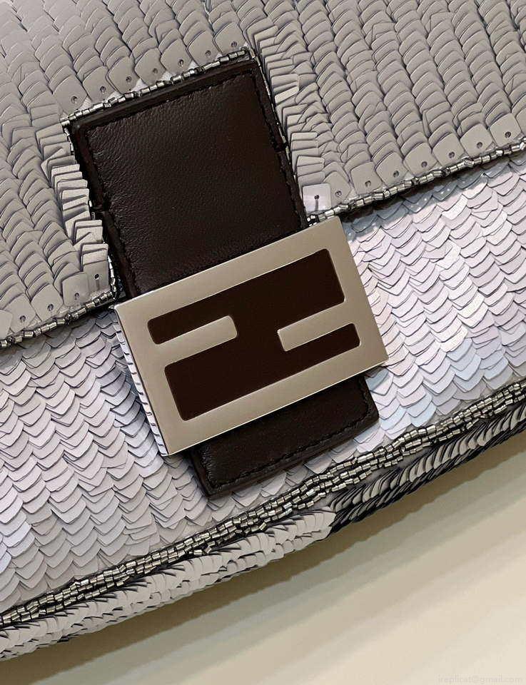Fendi 8BR600 Medium Baguette Silver sequin and leather bag 8601