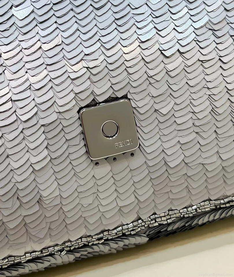 Fendi 8BR600 Medium Baguette Silver sequin and leather bag 8601