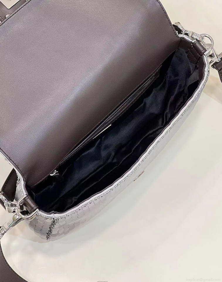 Fendi 8BR600 Medium Baguette Silver sequin and leather bag 8601