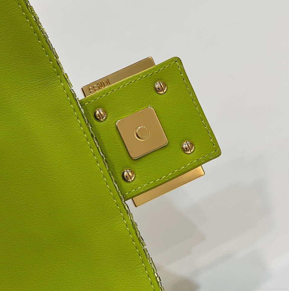 Fendi 8BR600 Medium Baguette Acid green sequin and leather bag 8601