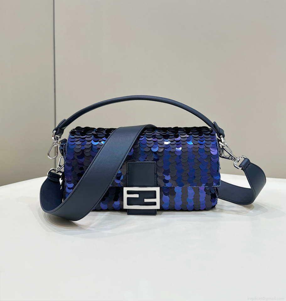Fendi 8BR600 Medium Baguette Dark and mid blue sequin and leather bag 8601