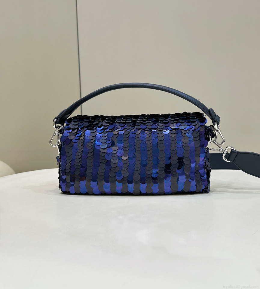 Fendi 8BR600 Medium Baguette Dark and mid blue sequin and leather bag 8601