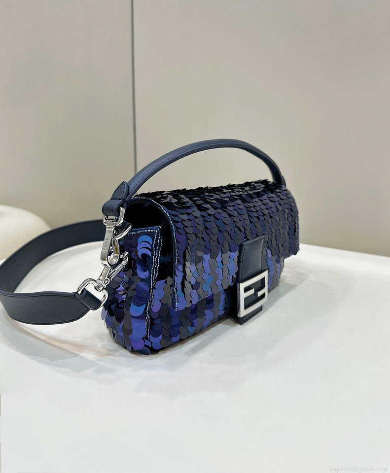 Fendi 8BR600 Medium Baguette Dark and mid blue sequin and leather bag 8601