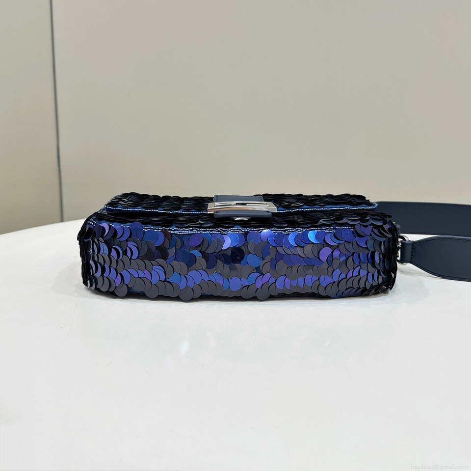Fendi 8BR600 Medium Baguette Dark and mid blue sequin and leather bag 8601