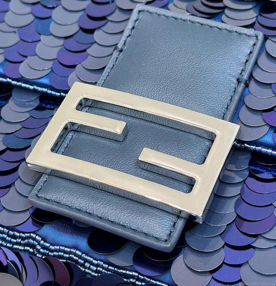 Fendi 8BR600 Medium Baguette Dark and mid blue sequin and leather bag 8601