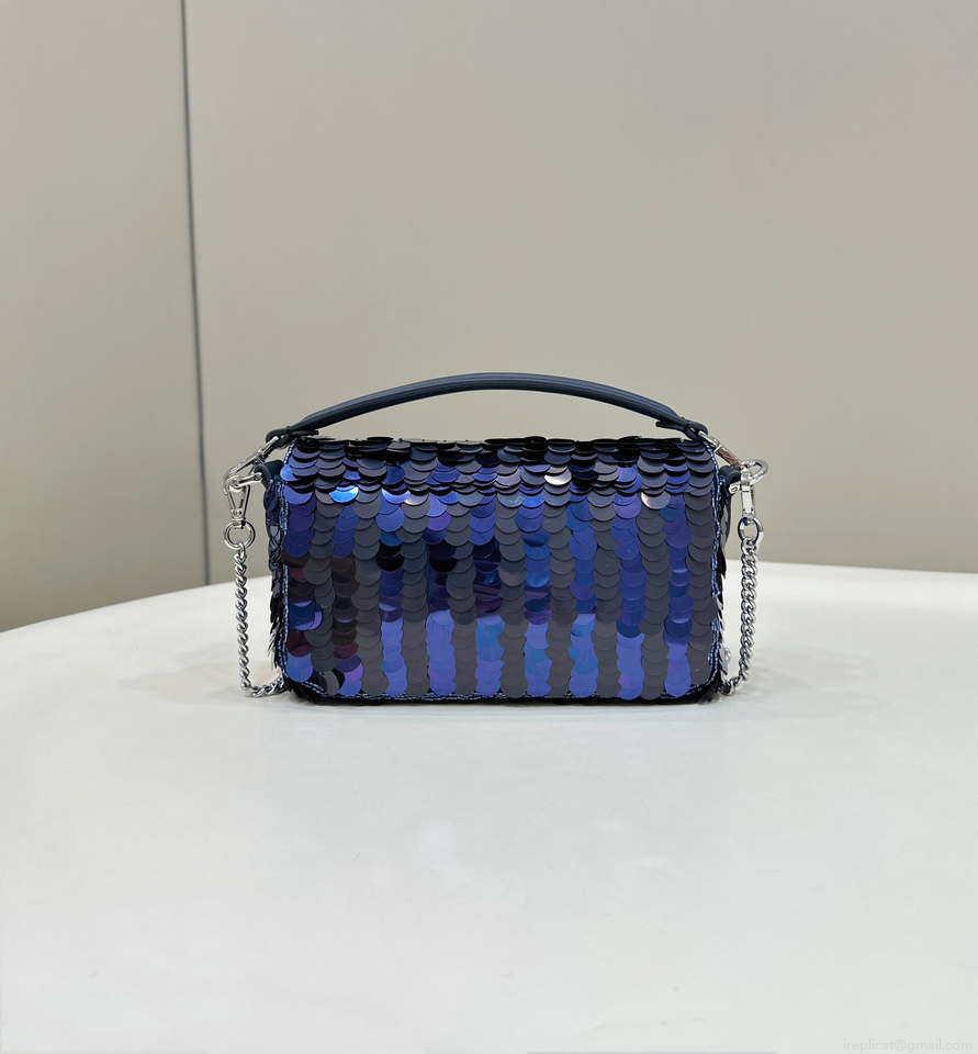 Fendi 8BS017 Mini Baguette Dark and mid blue sequin and leather bag 8601s