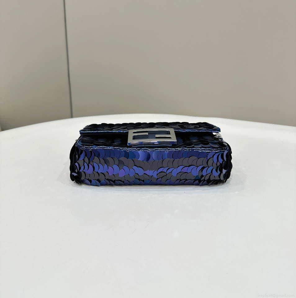 Fendi 8BS017 Mini Baguette Dark and mid blue sequin and leather bag 8601s