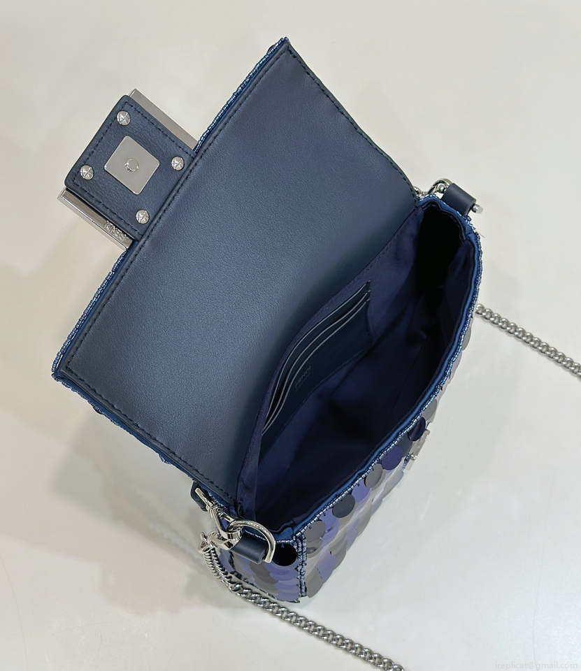 Fendi 8BS017 Mini Baguette Dark and mid blue sequin and leather bag 8601s