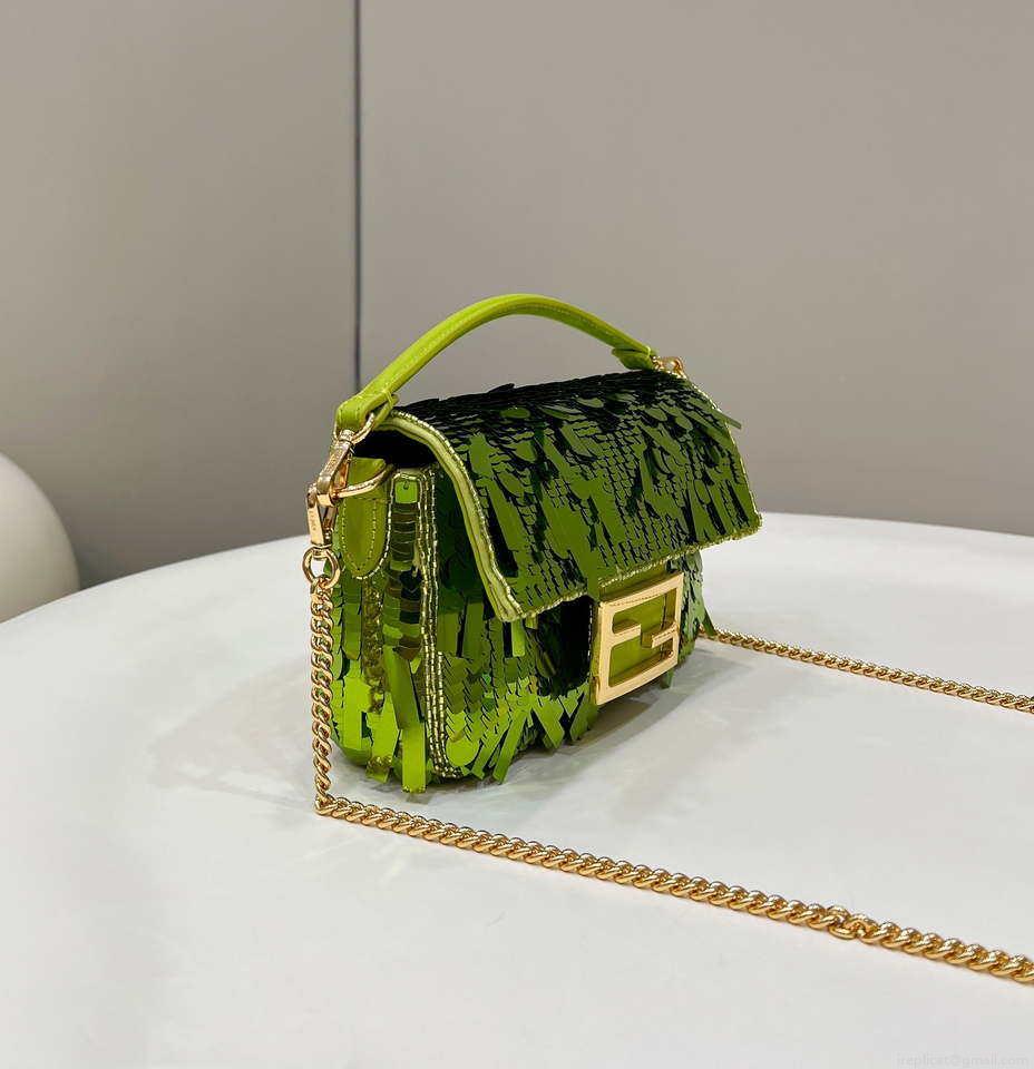 Fendi 8BS017 Mini Baguette Acid green sequin and leather bag 8601s