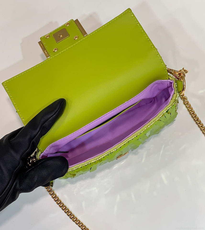 Fendi 8BS017 Mini Baguette Acid green sequin and leather bag 8601s