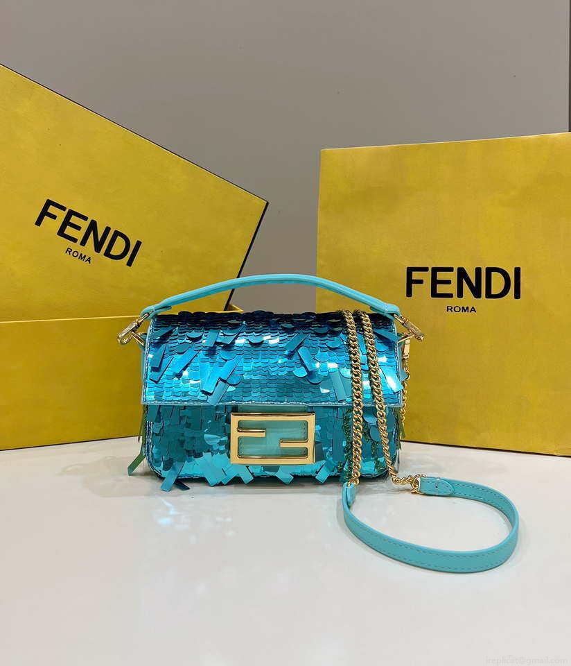 Fendi 8BS017 Mini Baguette Turquoise sequin and leather bag 8601s