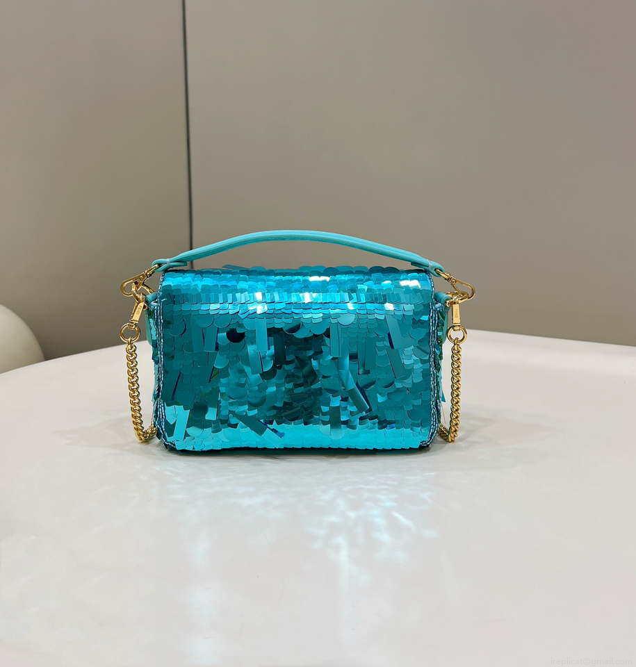 Fendi 8BS017 Mini Baguette Turquoise sequin and leather bag 8601s