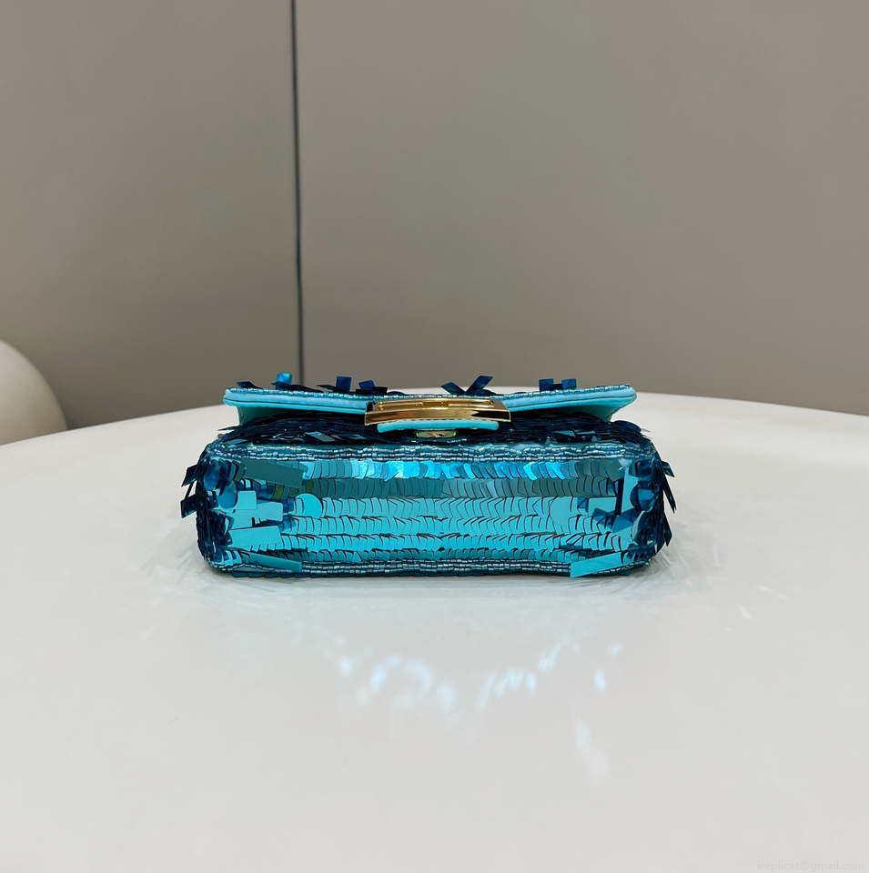 Fendi 8BS017 Mini Baguette Turquoise sequin and leather bag 8601s