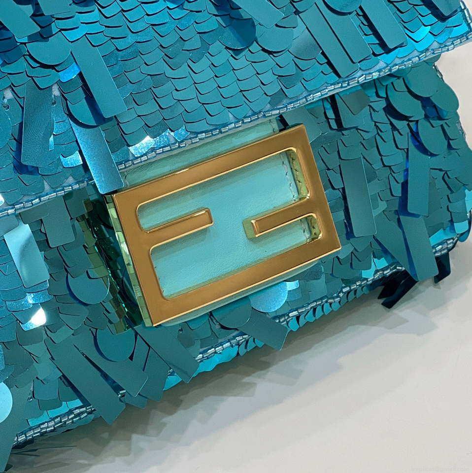 Fendi 8BS017 Mini Baguette Turquoise sequin and leather bag 8601s