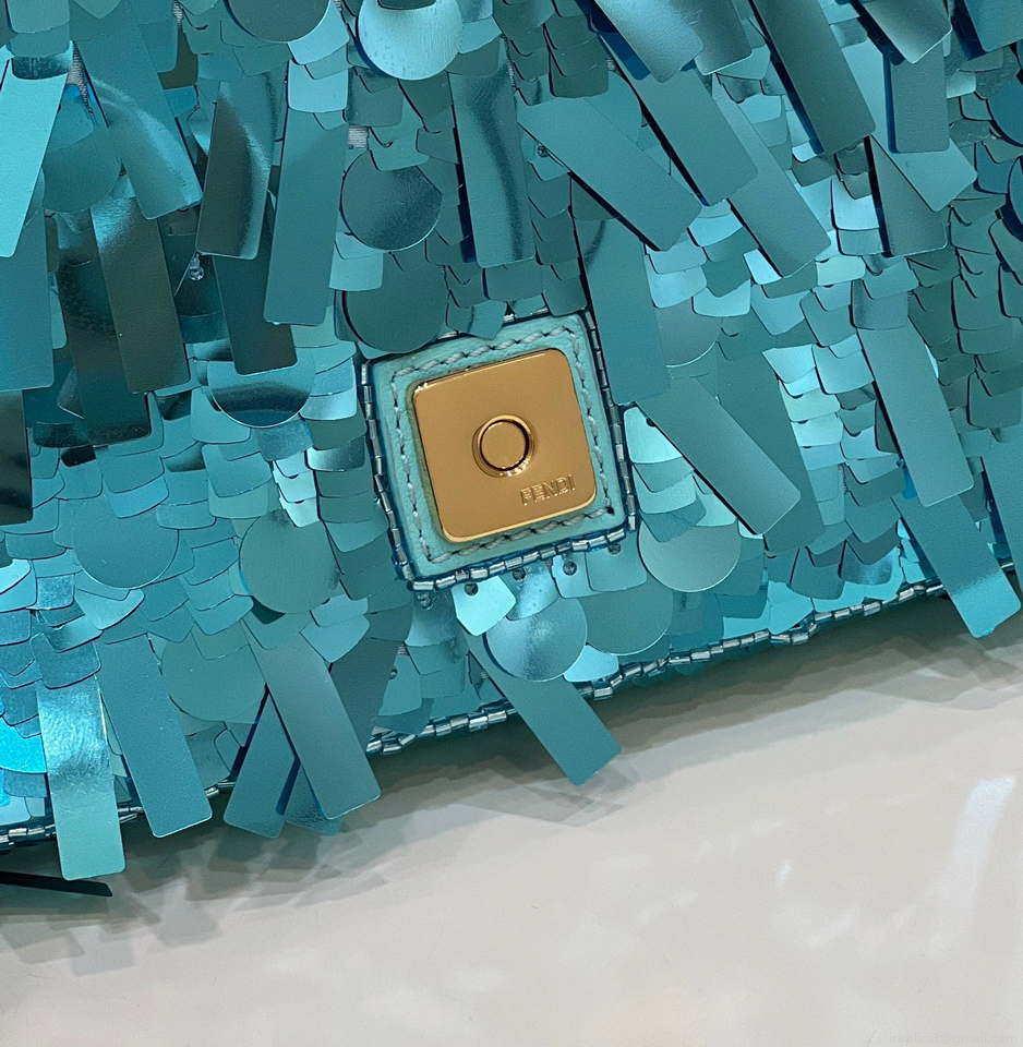 Fendi 8BS017 Mini Baguette Turquoise sequin and leather bag 8601s