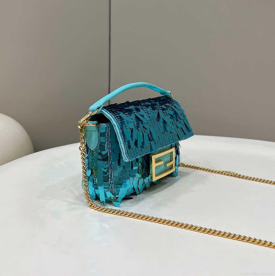 Fendi 8BS017 Mini Baguette Turquoise sequin and leather bag 8601s