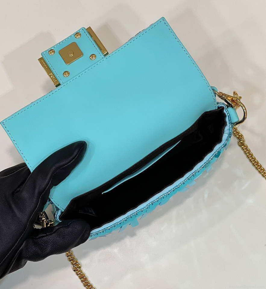 Fendi 8BS017 Mini Baguette Turquoise sequin and leather bag 8601s