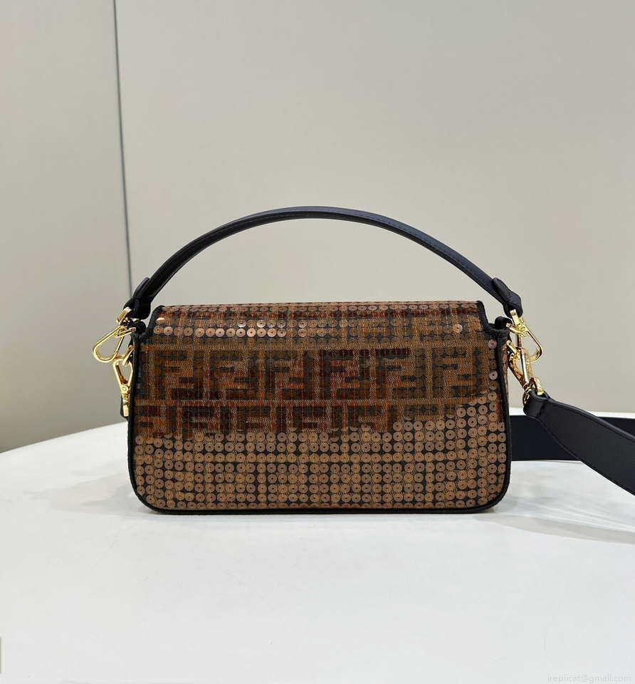 Fendi 8BR600 Medium Baguette Brown FF jacquard fabric bag with sequins
