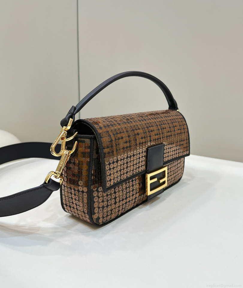 Fendi 8BR600 Medium Baguette Brown FF jacquard fabric bag with sequins