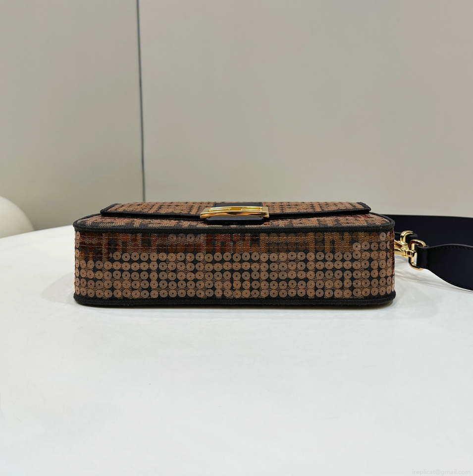 Fendi 8BR600 Medium Baguette Brown FF jacquard fabric bag with sequins