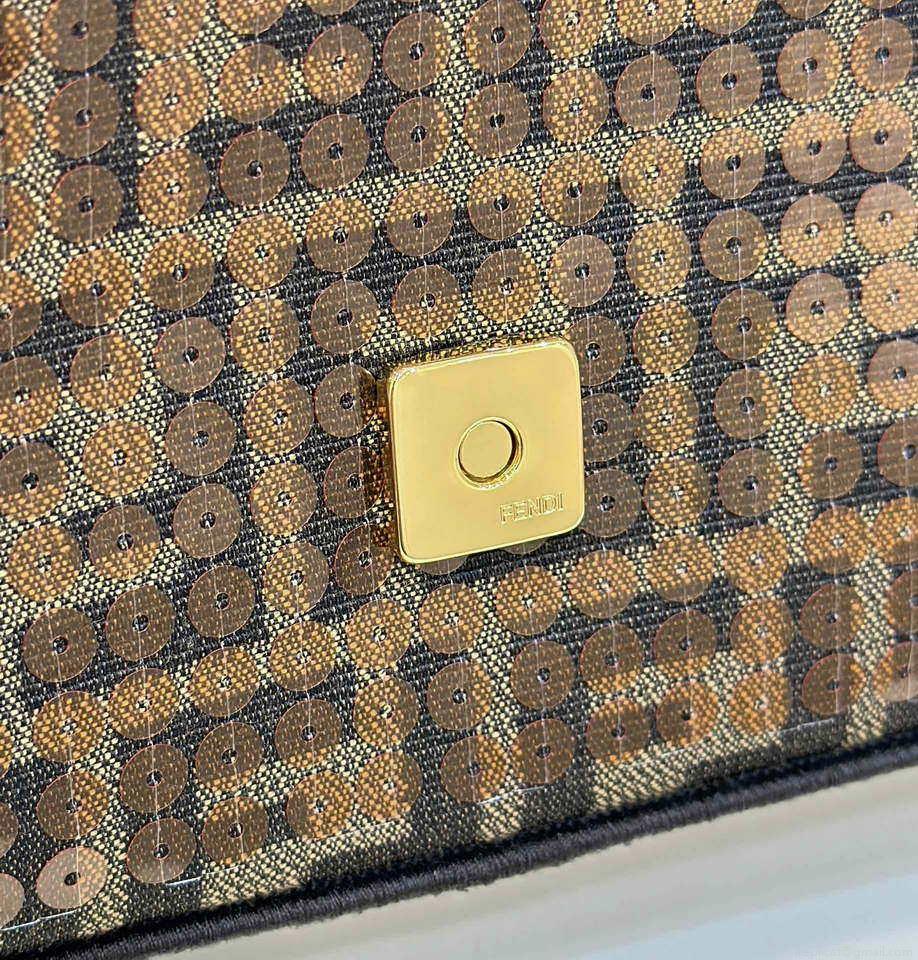 Fendi 8BR600 Medium Baguette Brown FF jacquard fabric bag with sequins