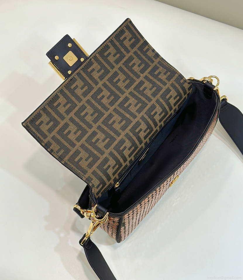Fendi 8BR600 Medium Baguette Brown FF jacquard fabric bag with sequins