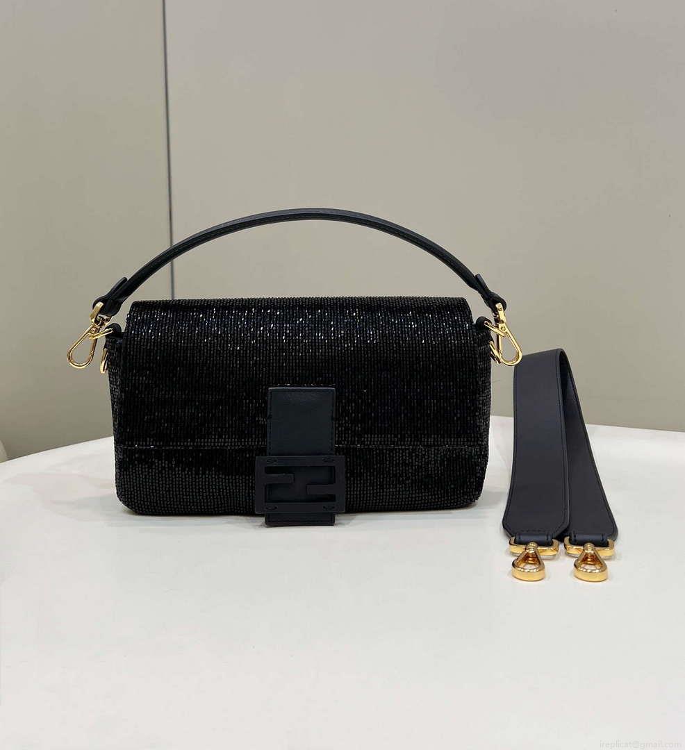 Fendi 8BR600 Medium Baguette Beads Black leather Bag 8599
