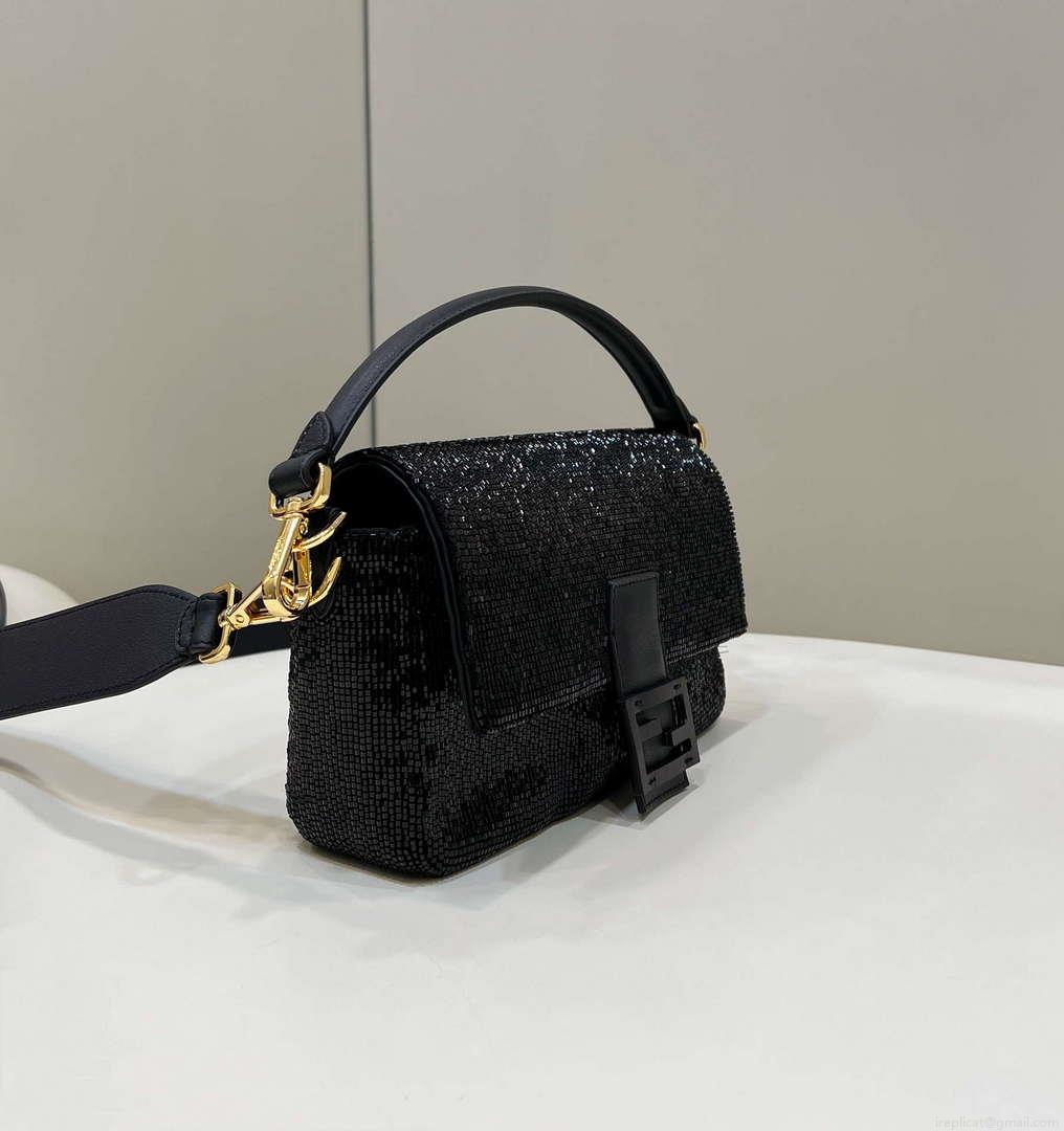 Fendi 8BR600 Medium Baguette Beads Black leather Bag 8599