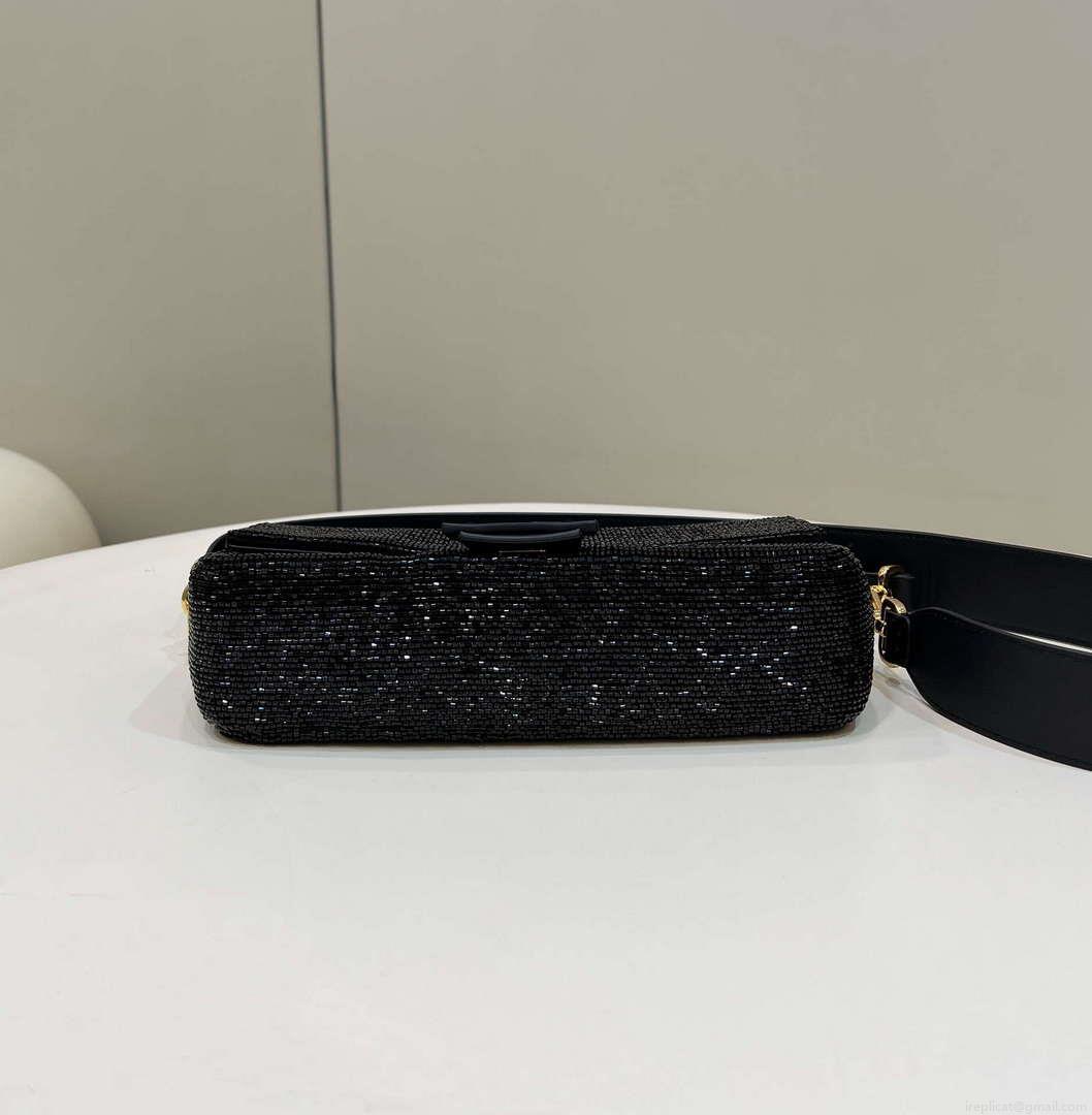 Fendi 8BR600 Medium Baguette Beads Black leather Bag 8599