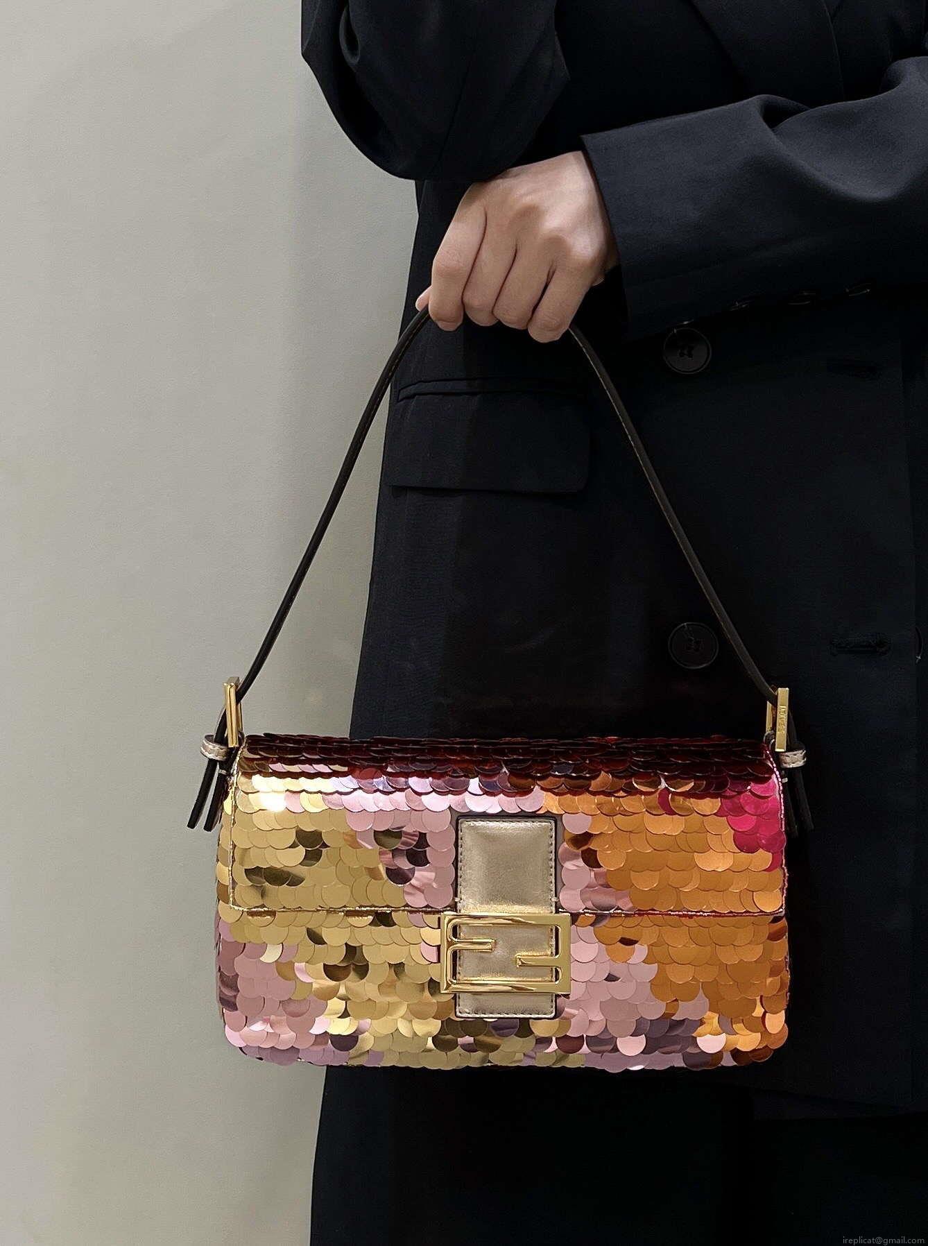Fendi 8BR600 Medium Baguette Pink and Gold sequin and leather bag 8582