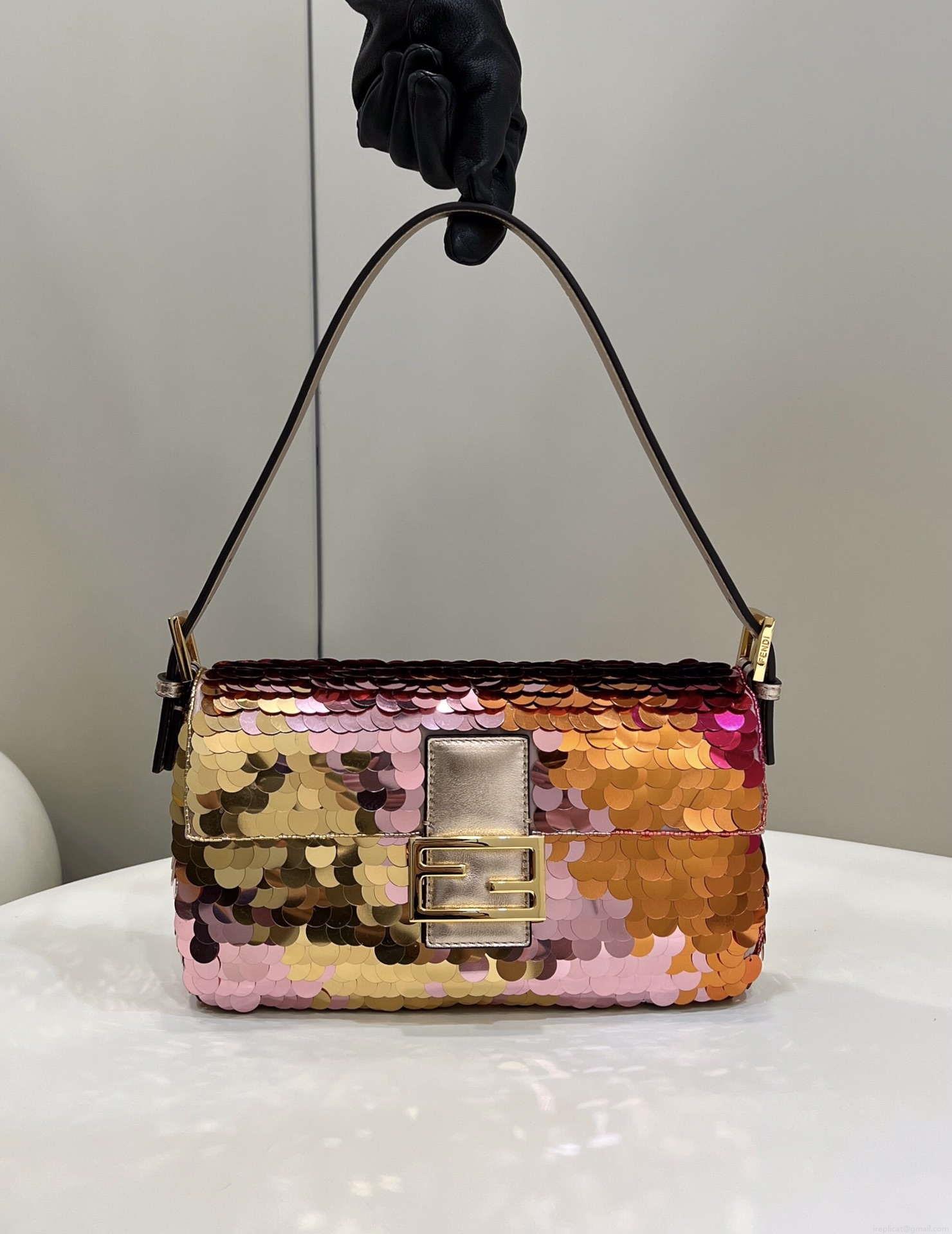 Fendi 8BR600 Medium Baguette Pink and Gold sequin and leather bag 8582