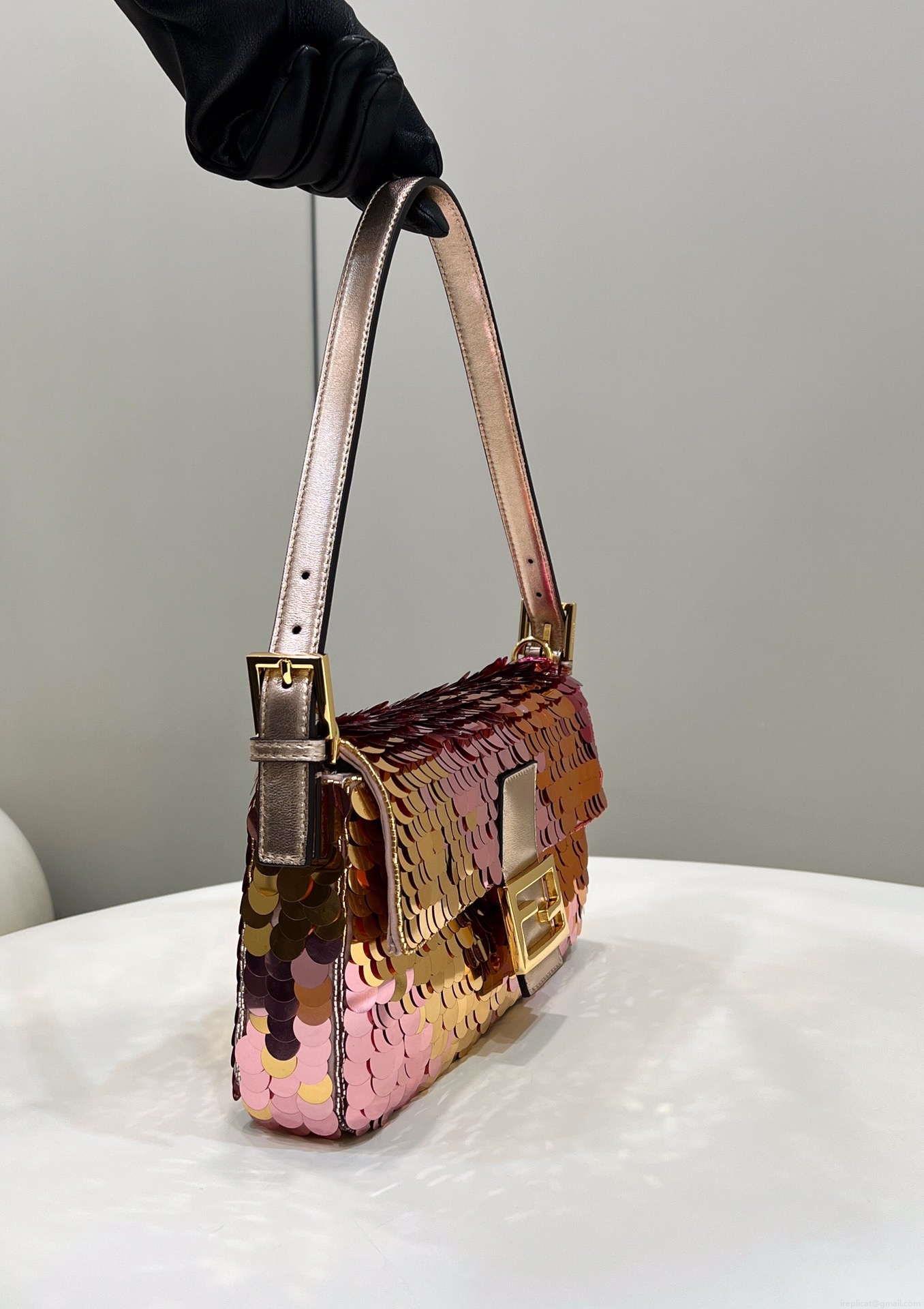 Fendi 8BR600 Medium Baguette Pink and Gold sequin and leather bag 8582