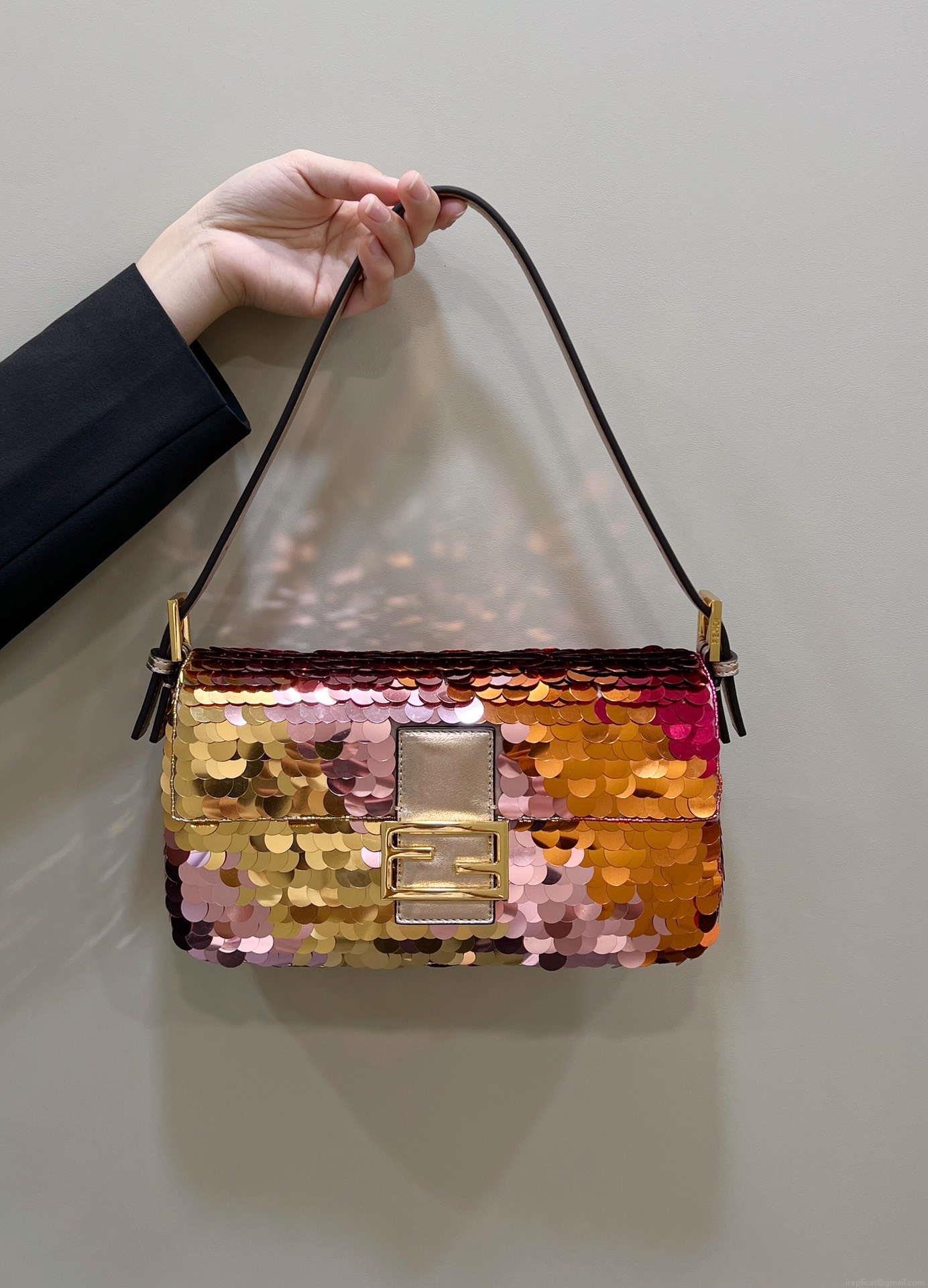 Fendi 8BR600 Medium Baguette Pink and Gold sequin and leather bag 8582